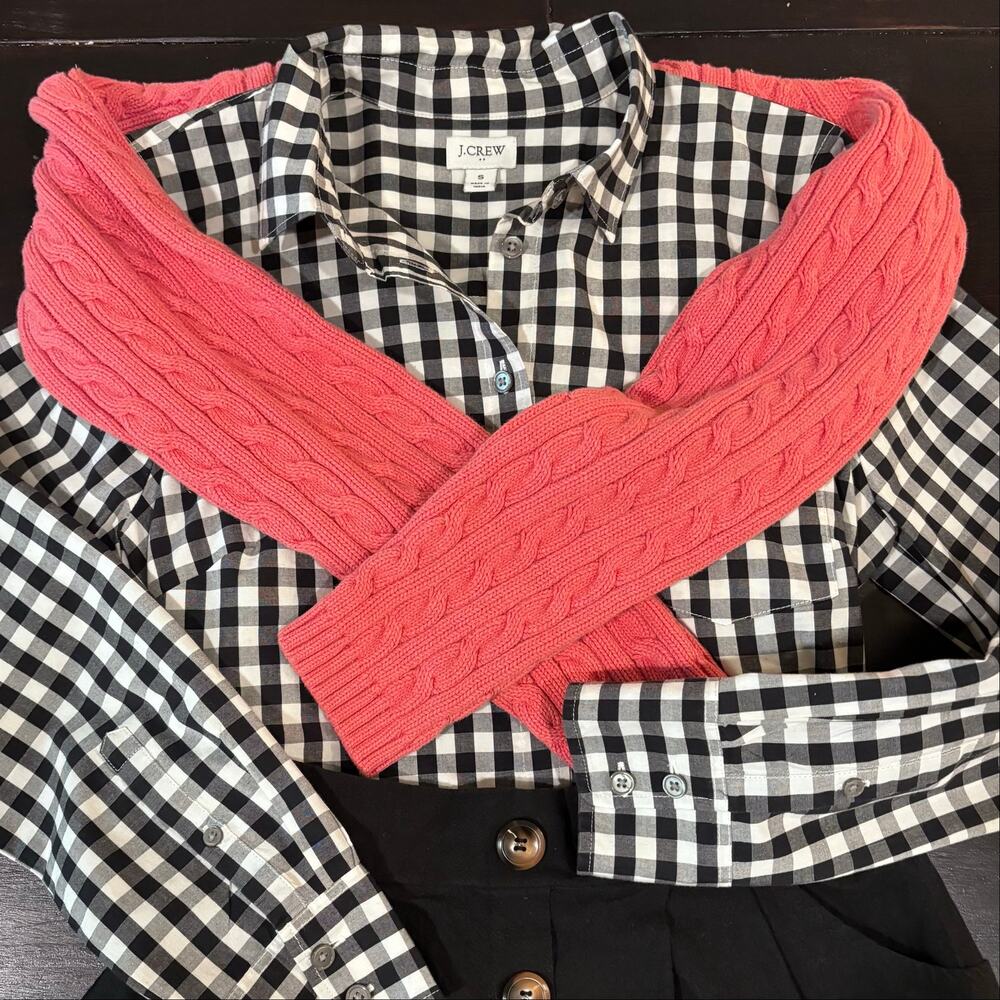 J.Crew Women's Classic Gingham Button Down Shirt, Small, Black/White